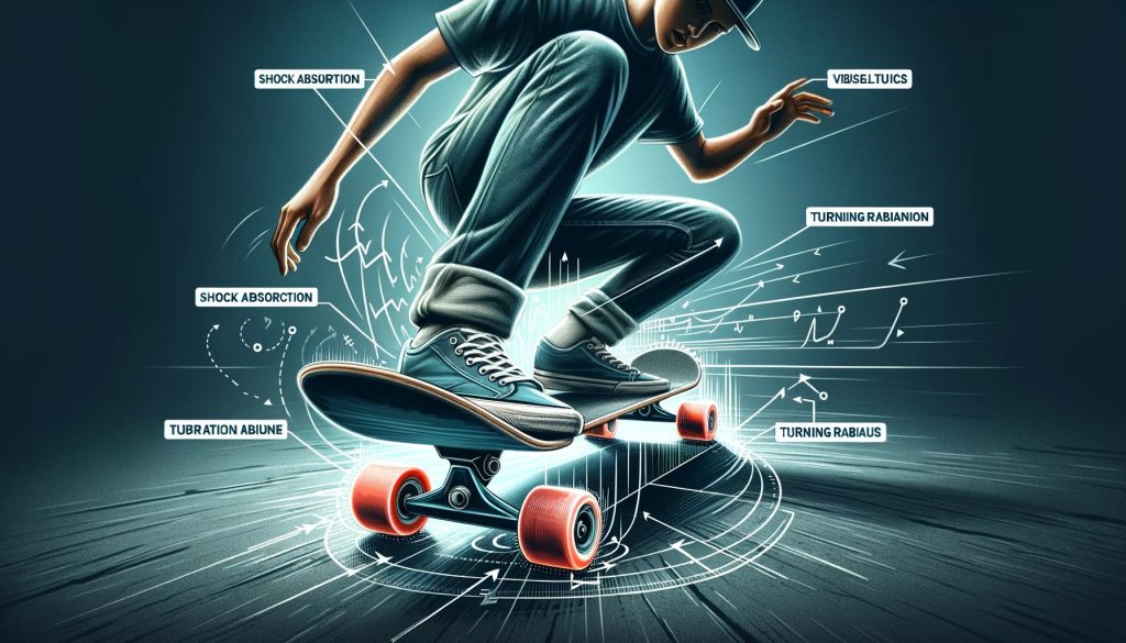 The image illustrates a skateboarder in action, focusing on the skateboard's trucks and bushings. It highlights how different types of bushings affect skateboarding performance, such as stability and turning ability.