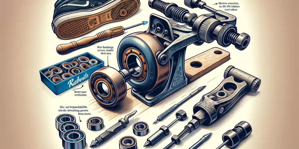 A step-by-step depiction of changing bearings from skateboard wheels to fit roller skates, showing the tools and process involved, emphasizing the compatibility and simplicity of this task due to the standard 608 bearing size.