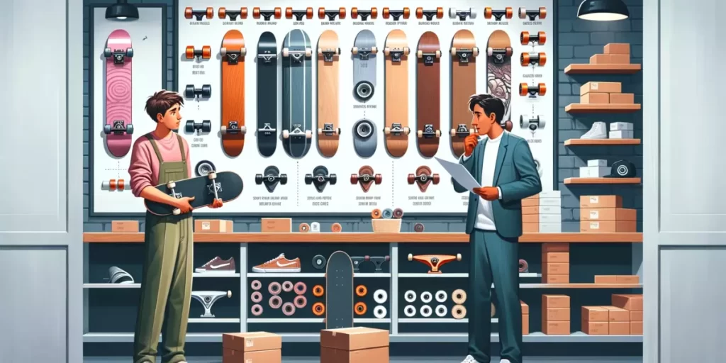Set in a skateboard shop, this image depicts a customer and shop assistant discussing bushing choices, surrounded by a variety of bushings and compatibility charts, capturing the process of selecting the appropriate bushings.