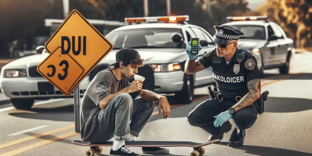 A skateboarder undergoing a DUI check by law enforcement, with road signs indicating DUI laws and a breathalyzer test, illustrating the application of DUI laws to skateboarders."