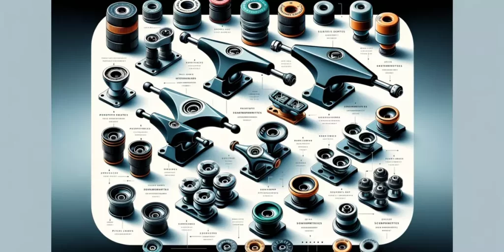A variety of skateboard pivot cups displayed, highlighting their differences in size and shape, illustrating that they are not universal and vary based on skateboard truck models."