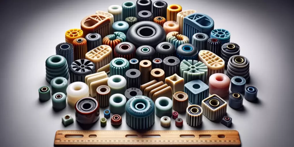 A collection of various skateboard bushings, highlighting differences in size, shape, material, and hardness levels, emphasizing their diversity and lack of universality."