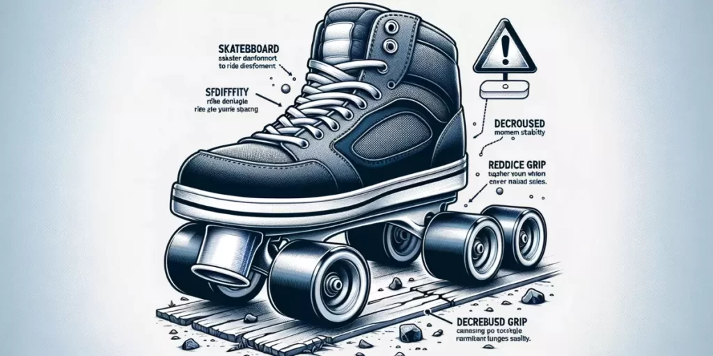 A roller skate fitted with skateboard wheels, depicting potential issues like reduced stability, comfort, and grip, especially on uneven surfaces.
