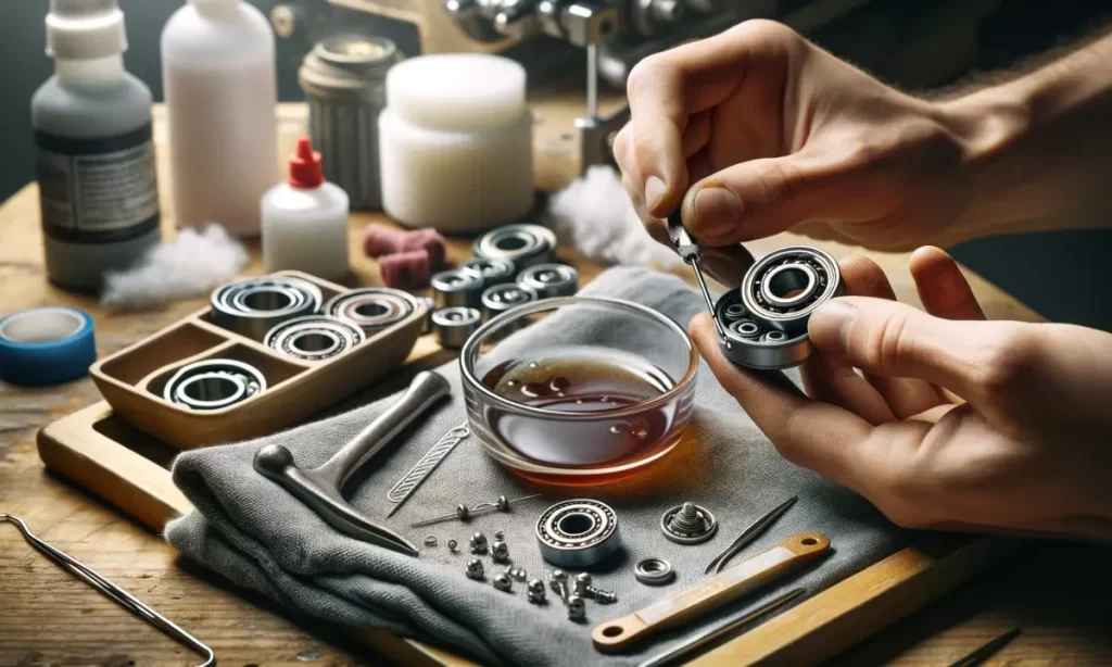 The image illustrates the process of cleaning and lubricating bearings, emphasizing the importance of regular maintenance for optimal performance.