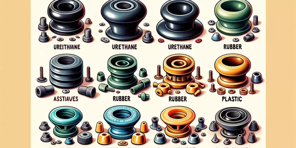 Different skateboard pivot cups made from urethane, rubber, and plastic, labeled with their respective advantages and drawbacks, highlighting how material choice influences pivot cup performance and durability.