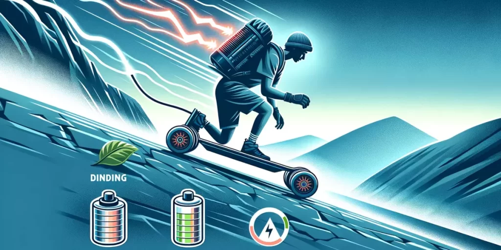 This image depicts an electric skateboard climbing a steep hill with a rider, visually representing motor strain and battery drain through indicators like a glowing motor and a low battery level icon.