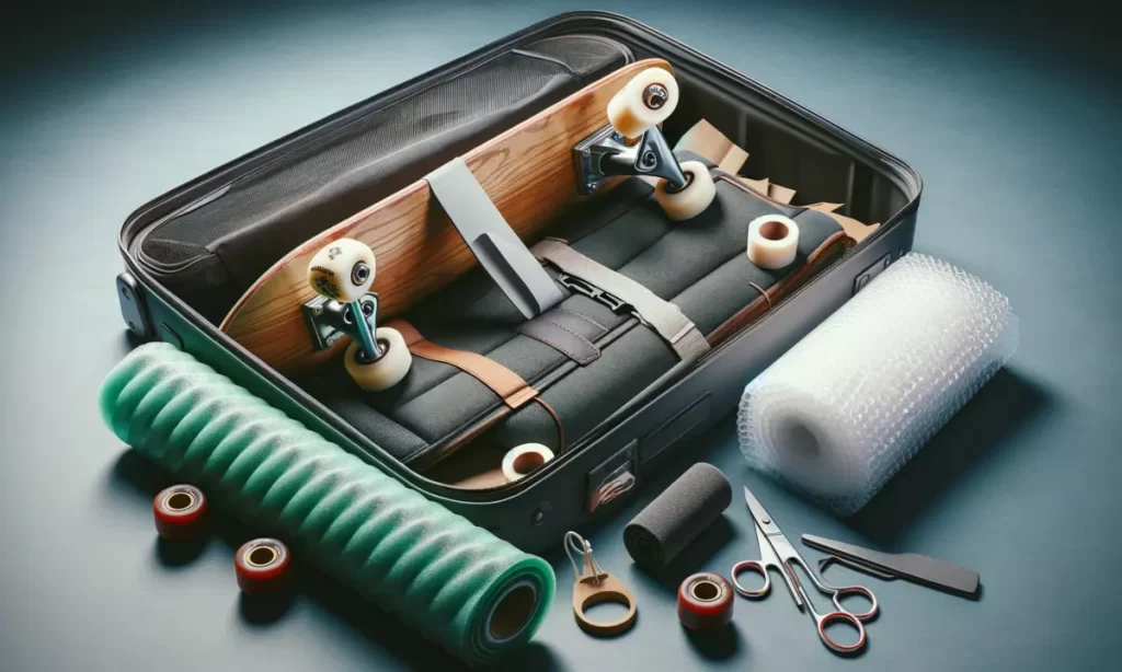 The image illustrates the recommended way of packing a skateboard for air travel, focusing on the protective measures to prevent damage, whether it's for carry-on or checked luggage.