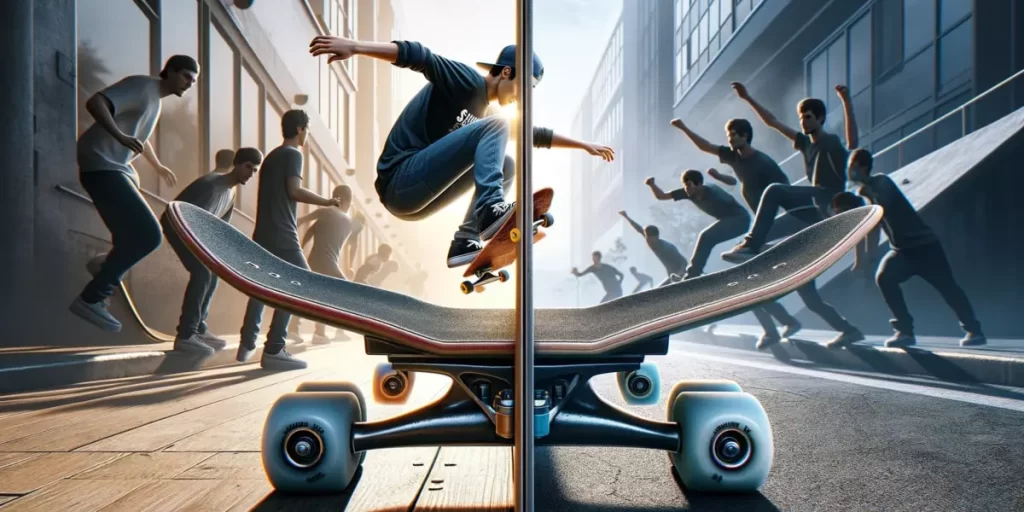 The image illustrates a comparison between a skateboard with plastic trucks and one with metal trucks, highlighting the differences in performance, including stability and turning precision.