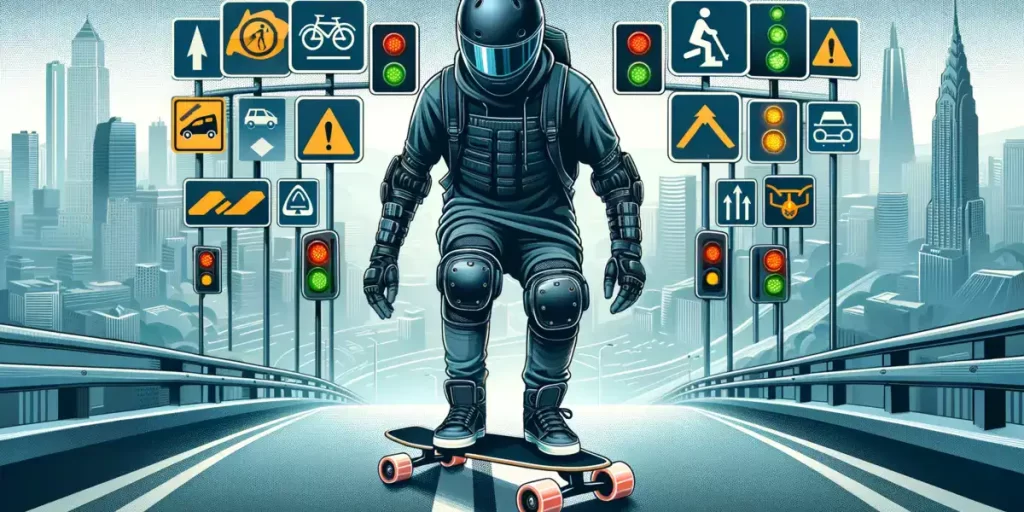  A skateboarder is depicted wearing full safety gear and utilizing lights and reflectors while riding uphill, emphasizing the importance of safety precautions in such scenarios.