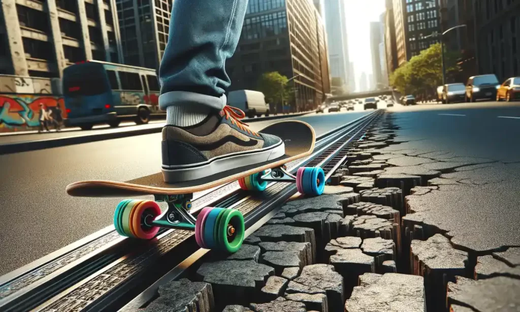 Skateboard with visually striking rails, used in an urban environment to smoothly navigate rough terrain, illustrating the practical and aesthetic benefits of adding rails to a skateboard.