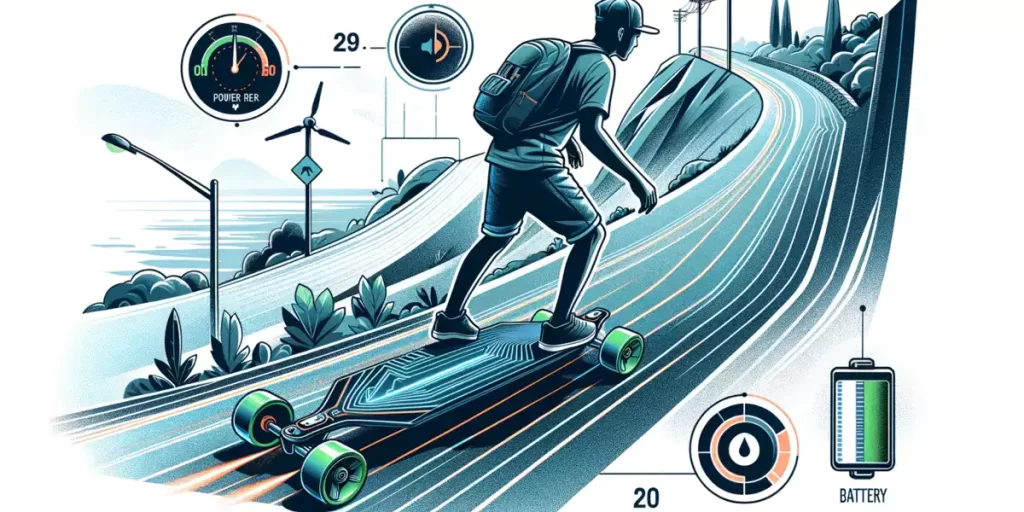 This image portrays an electric skateboard being ridden uphill, with visual indicators highlighting the strain on the motor due to factors like the rider's weight and the steepness of the hill.