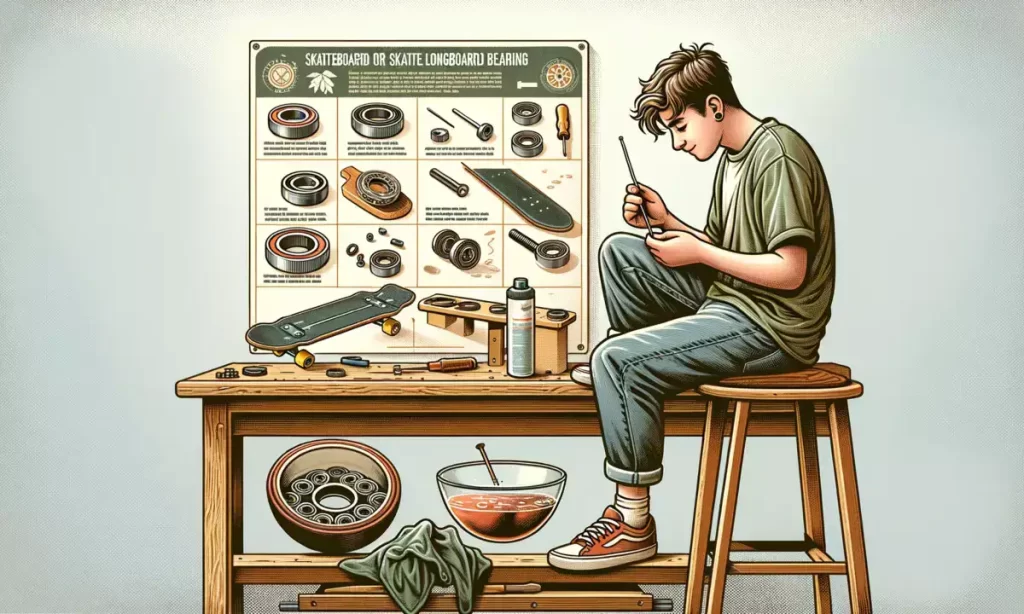 These images show a young man cleaning skateboard and longboard bearings at a workbench, illustrating the steps involved in bearing maintenance.
