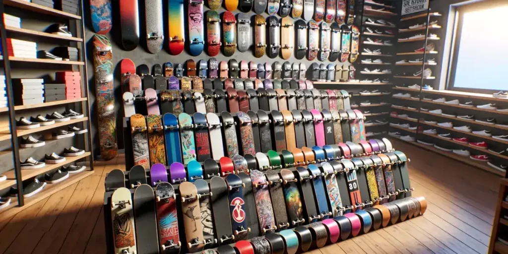 This image showcases a range of skateboards with varying widths and colors, displayed in a skateboard shop. It highlights the differences in size and design, emphasizing the diversity in skateboard widths.