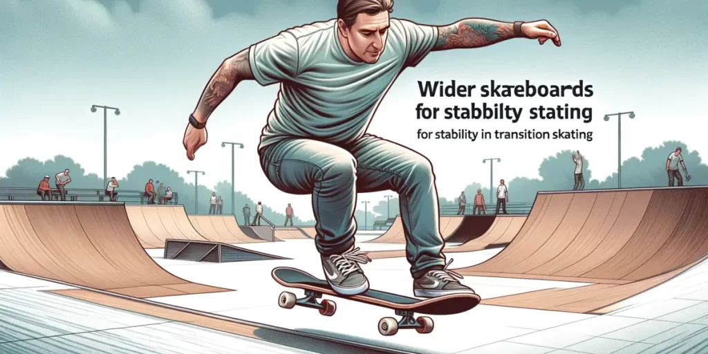 This illustration features a middle-aged Caucasian male skateboarder performing a trick on a wide skateboard in a skate park. It emphasizes the stability and balance provided by wider skateboards in transition skating.