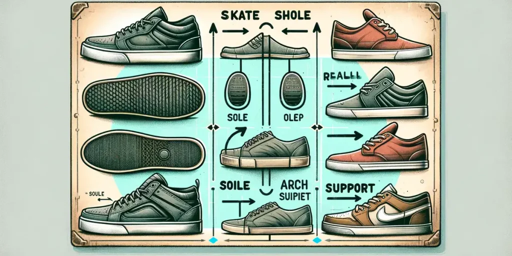 This image visually compares skate shoes and regular walking shoes, highlighting the differences in their design, particularly the soles and overall support.