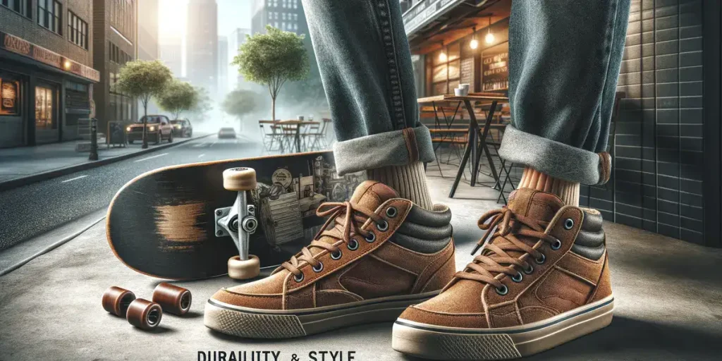 The focus is on the durability and stylish appearance of skate shoes for everyday use, with a lifestyle-oriented background suggesting their versatility beyond skateboarding.