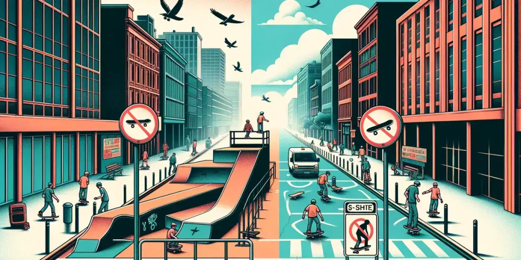 llustrates the contrast between a legal skate park and a city street where skateboarding is prohibited, highlighting the differences in environments where skateboarding is accepted versus restricted.