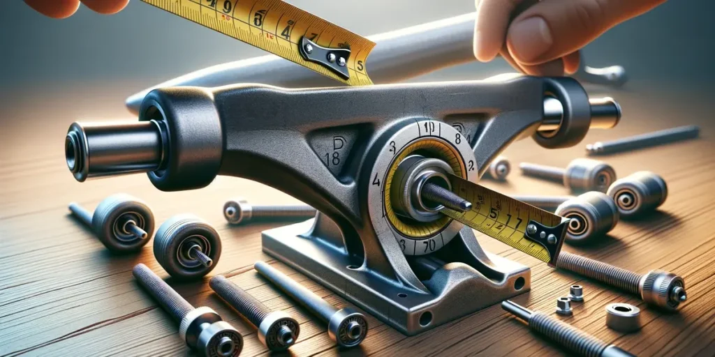 A close-up view of the process of measuring the axle width of a skateboard truck, focusing on the precision required to obtain accurate measurements.