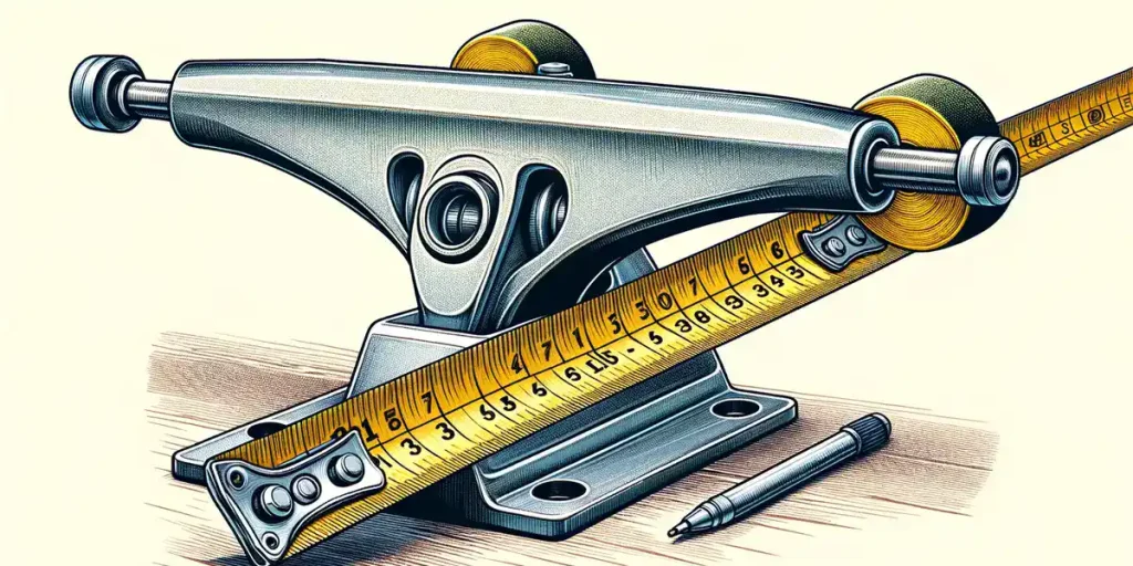 Centers on measuring the hanger width of a skateboard truck, highlighting the significance of this measurement for determining the appropriate truck size relative to the skateboard deck. 