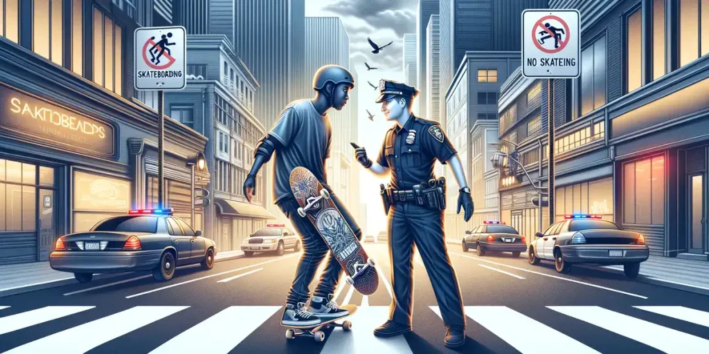 Showcases a moment of interaction between a skateboarder and a police officer in a city, symbolizing the enforcement of skateboarding laws and the complex dialogue between skateboarding culture and urban regulations. 
