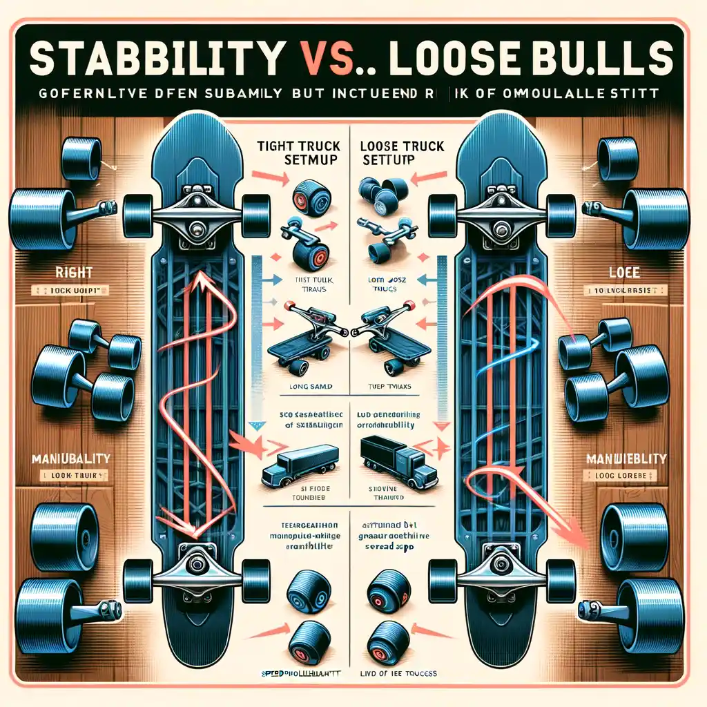 Comparative illustration of tight vs. loose longboard trucks, emphasizing the balance between stability and maneuverability at different speeds.