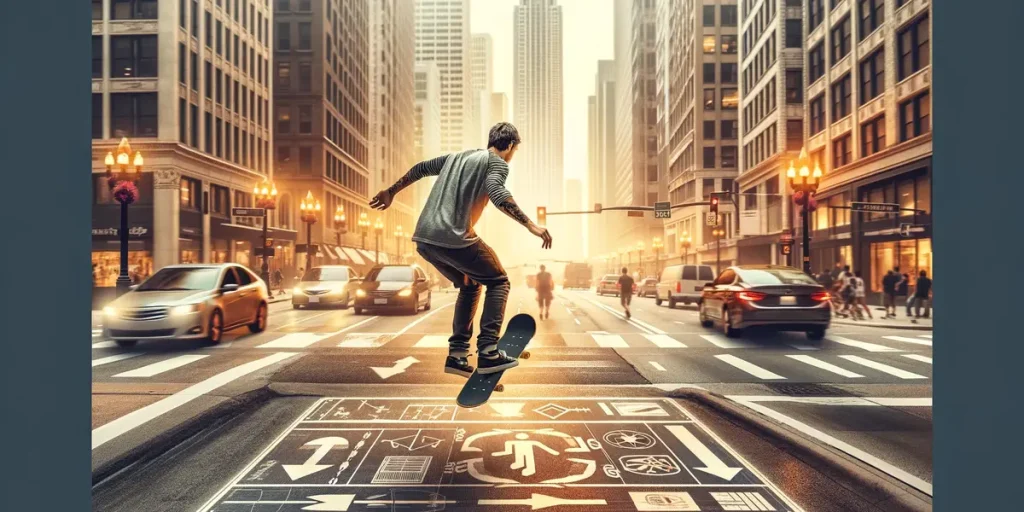 Depicts a skateboarder navigating through city streets, capturing the essence of skateboarding as an urban sport and subtly addressing the question of its legality in public spaces.