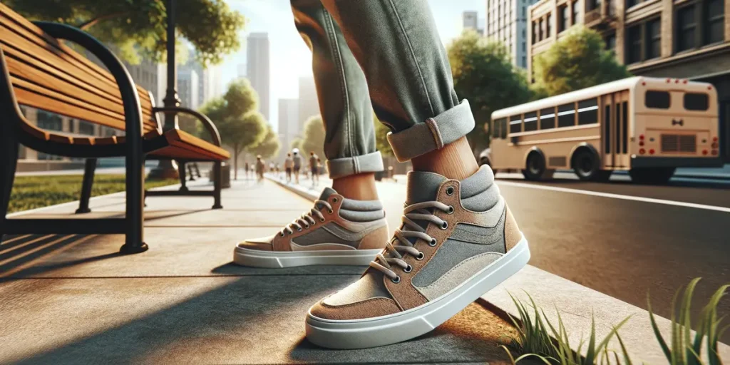This image showcases a pair of stylish skate shoes on a sidewalk, set against an urban background, to convey the idea of using skate shoes for casual walks in the city.